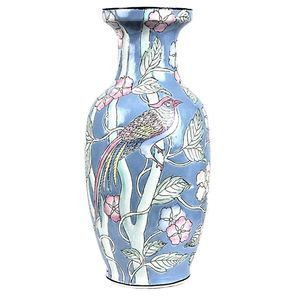Vintage Vase Chinese Porcelain Light Blue  Floral & Bird of Paradise Cottagecore